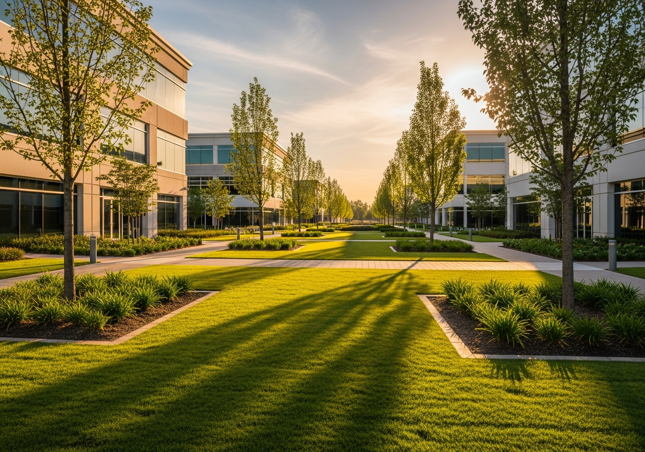 Crew maintaining a large commercial property's grounds