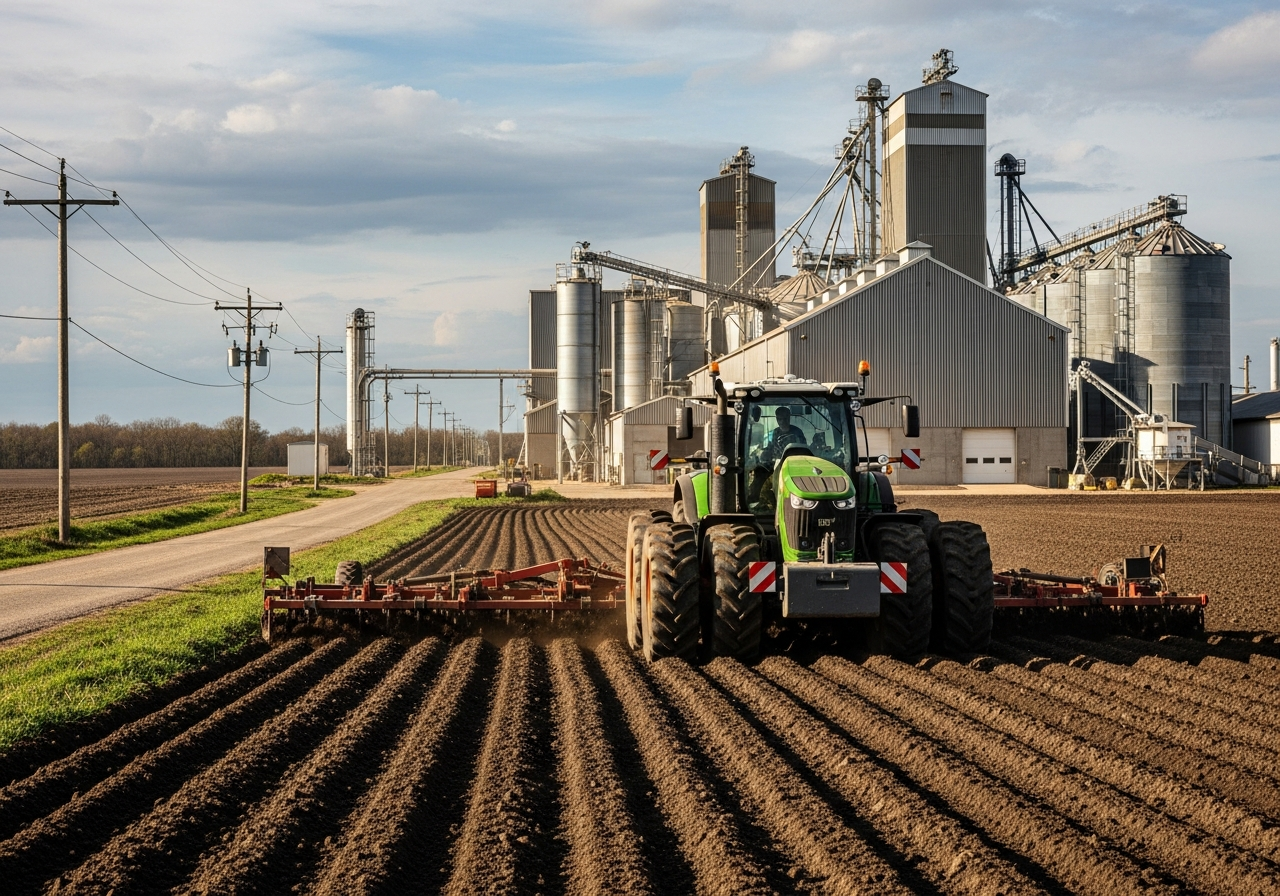 Heavy equipment maintaining an industrial and agricultural property