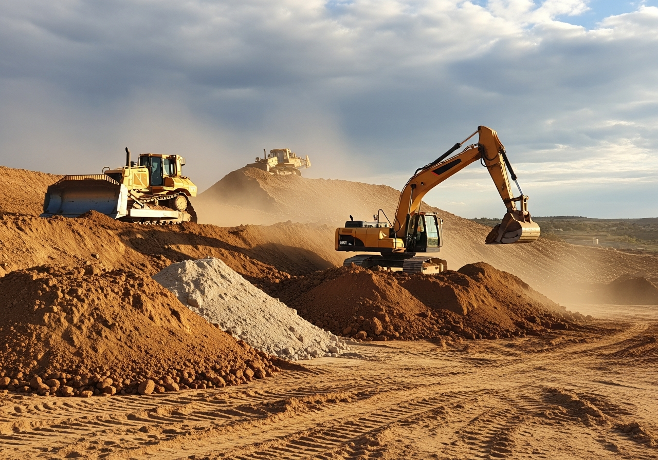 Heavy machinery rebuilding a neglected, eroded property