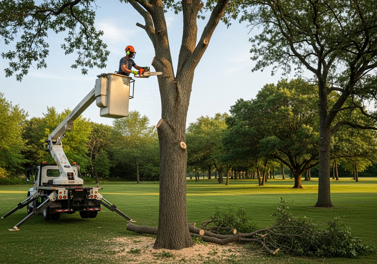 Arborist trimming mature trees on a large property